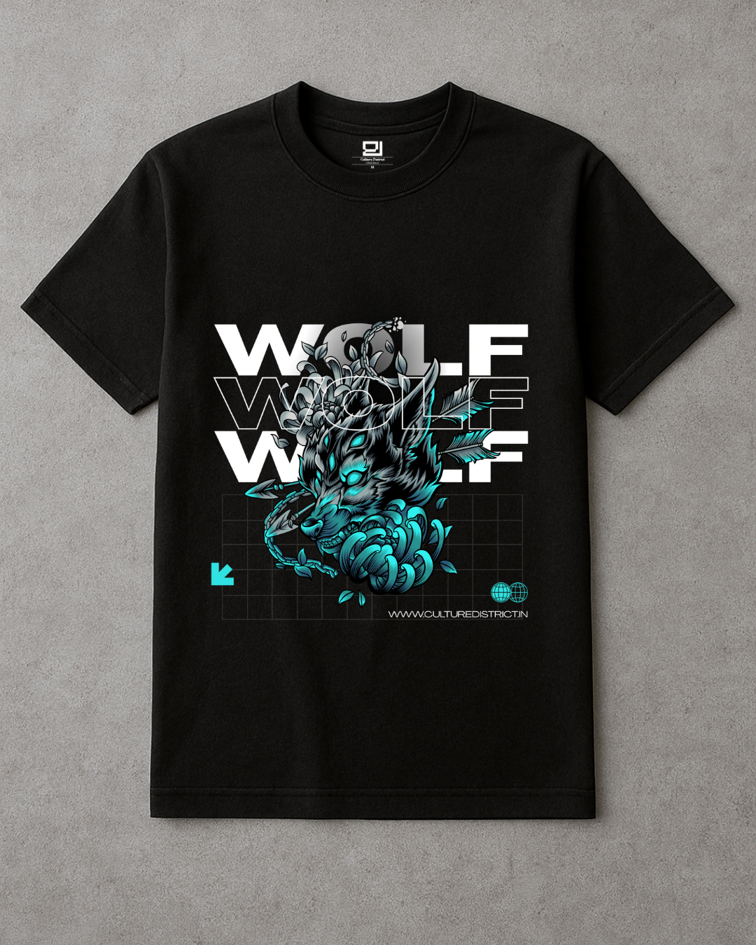 Wolf oversized t-shirt featuring bold graphics and neon tones on a black background.